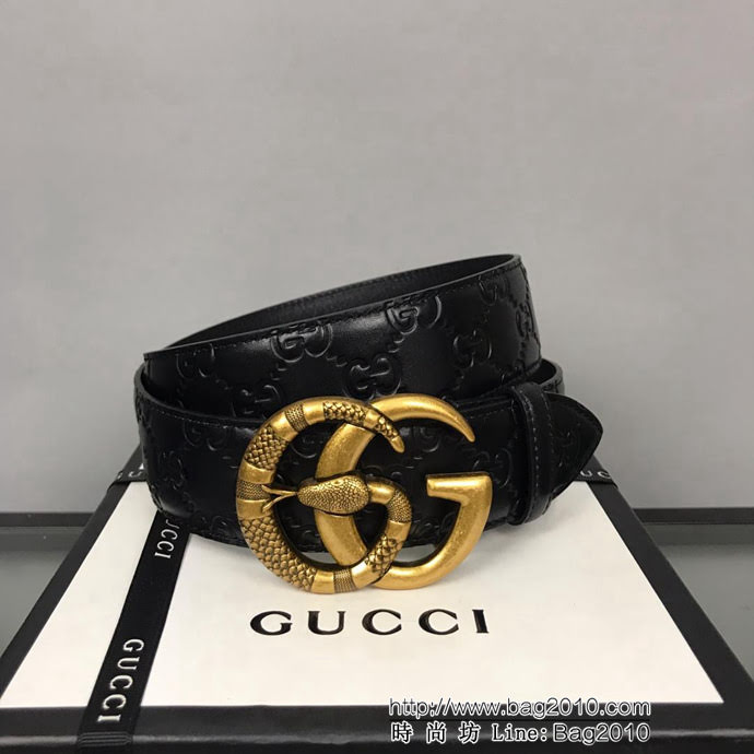 GUCCI古馳 官網新款 正品規格 原單品質 頭層小牛皮壓花 對版尖尾 復古花蛇GG古金扣 男士皮帶  xfp1087